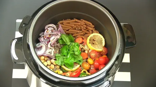 Food in a pressure cooker.
