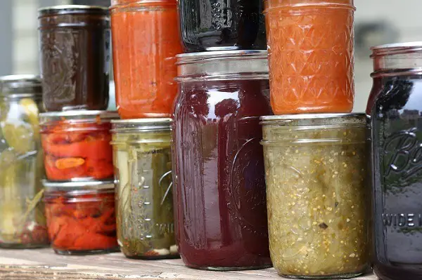 Jars filled with food products.
