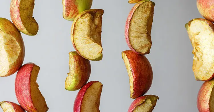 Drying multi-colored pieces of apples, close-up.