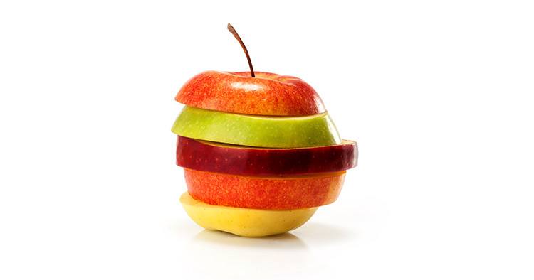 different varieties of apples cut into slices isolated on white background