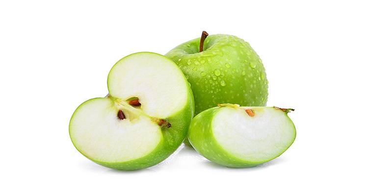 whole and half with slice green apple or granny smith apple with drop of water isloated on white background