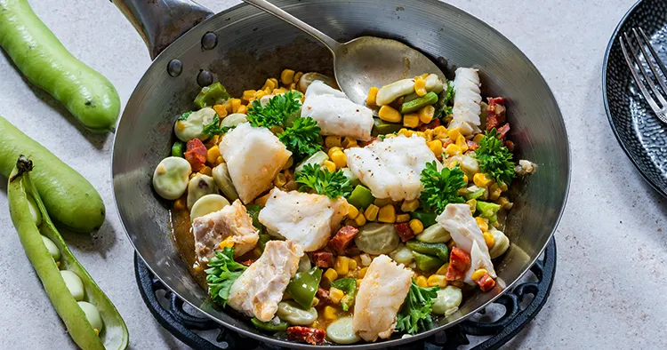 Cod, sweetcorn and broad beans succotash