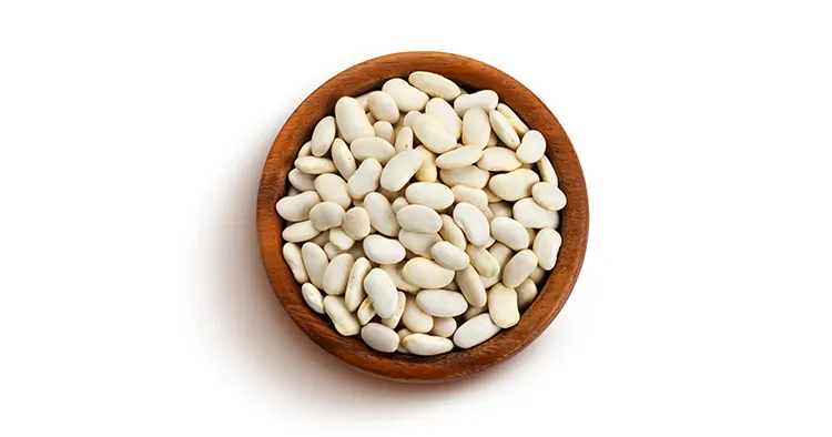 White beans in wooden bowl isolated on white background with clipping path