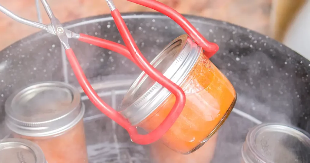 Woman lifting a jar of apricot jam below the rim, out of a boiling water canner in preparation for letting them cool in a draft-free place.