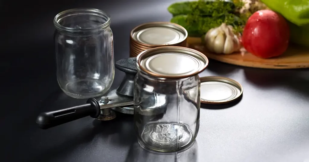 Vegetables for canning on background and canning tool with glass jars on a front, on black background.