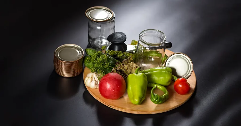Herbs and vegetableswith jars and canning tool on a wooden board, on black background.