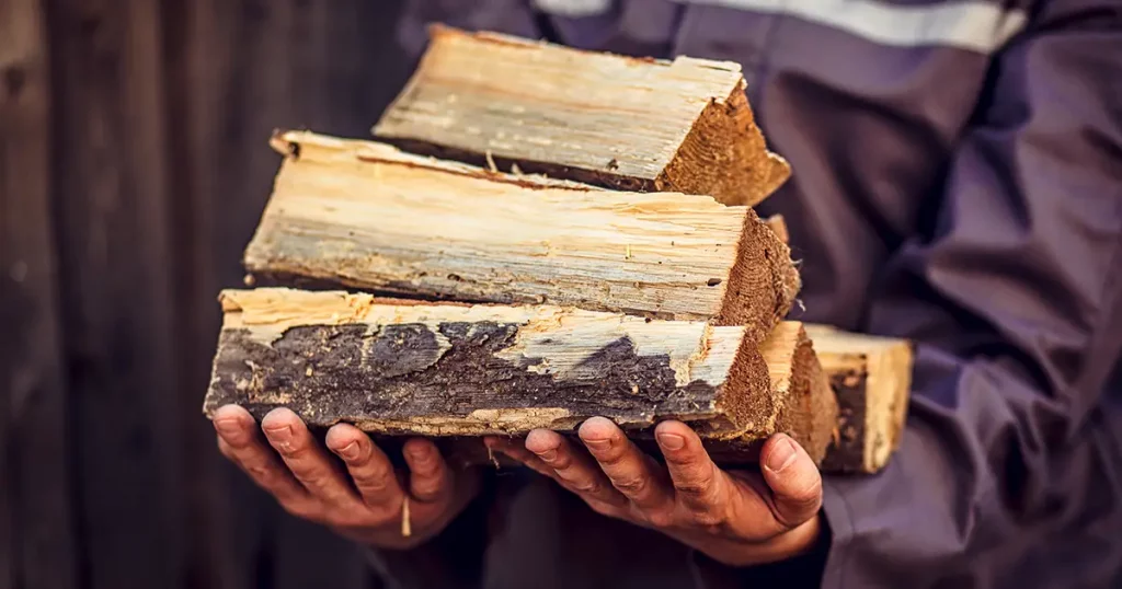 A pile of stacked firewood, prepared for heating the house.